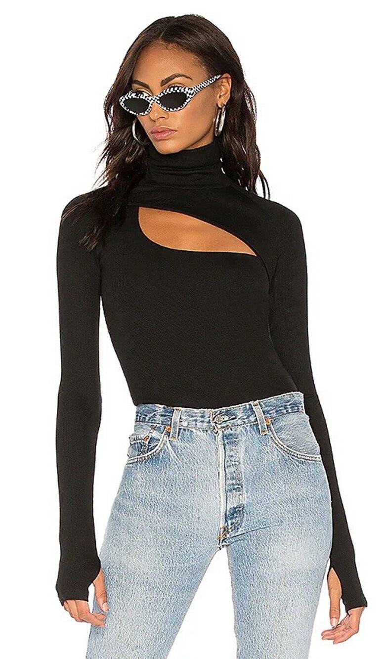 Alix NYC Sz M Carder Cut Out Turtleneck Ribbed Bodysuit in Black
